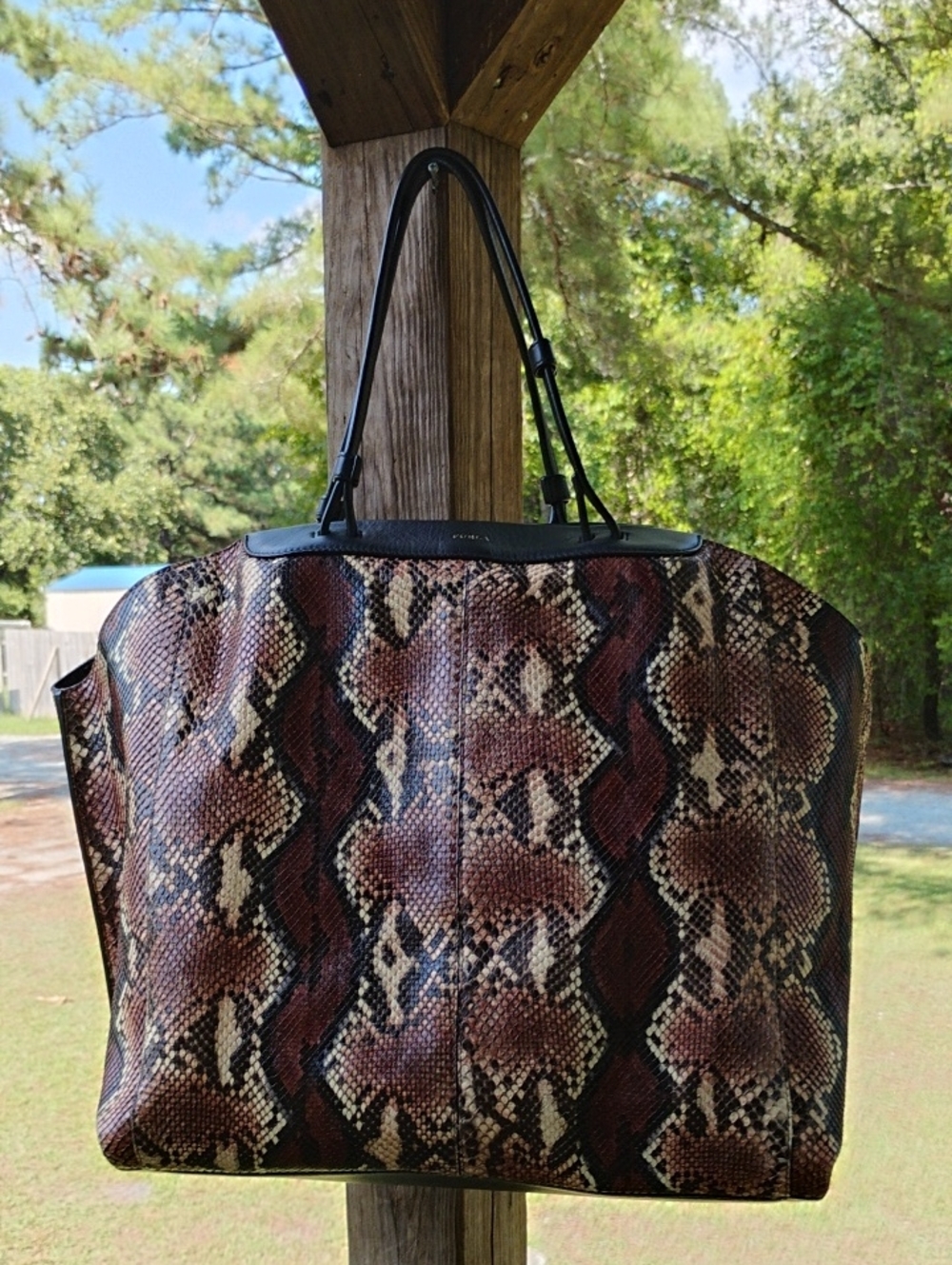 Furla 3 Compartment Snake-Print Tote Bag in Brown and Black